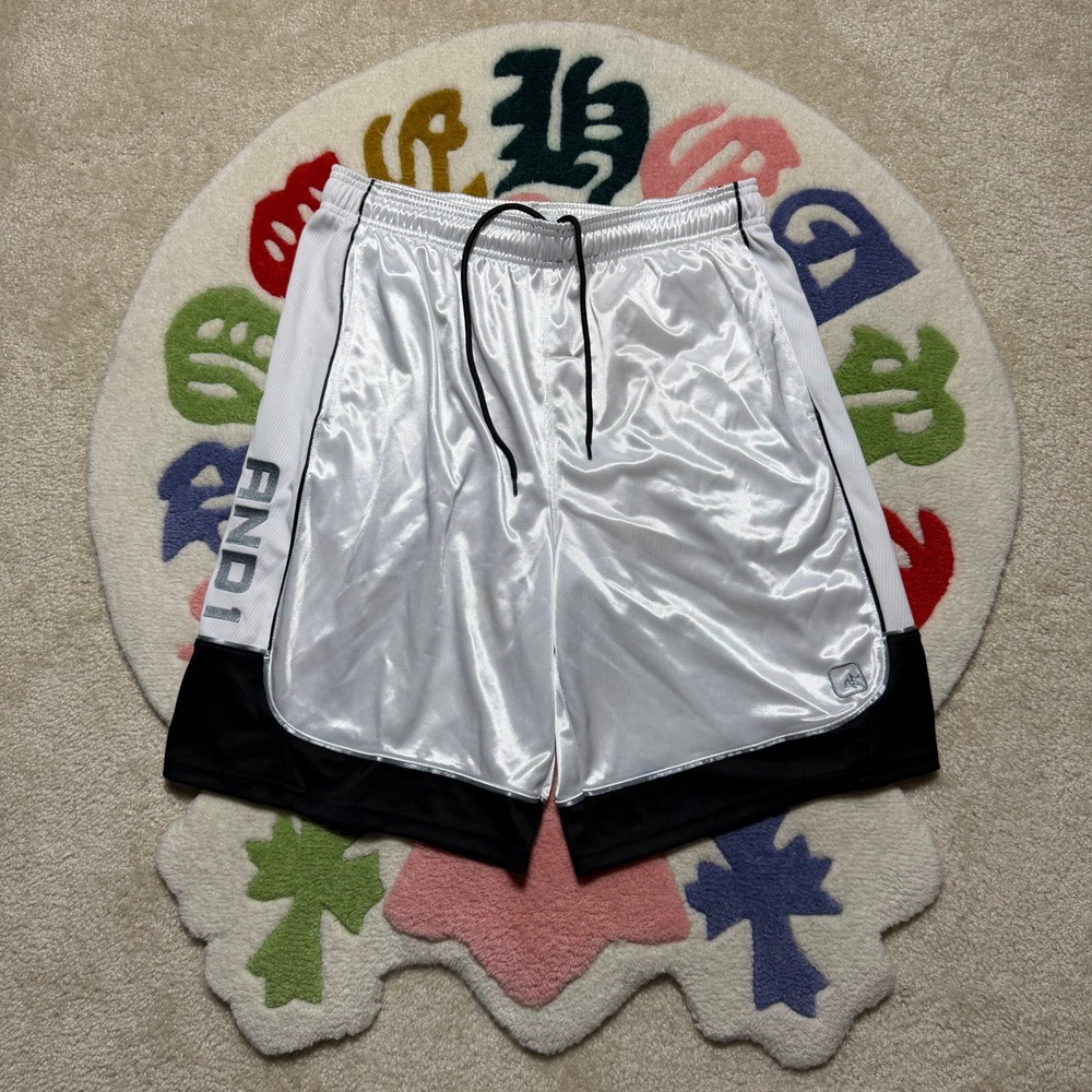AND1 Mens Basketball Shorts White Black Dazzle Mesh Athletic Size Large